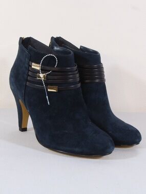 Bella Vita Women's Nerissa Navy Blue Suede Ankle Booties with Gold Accent